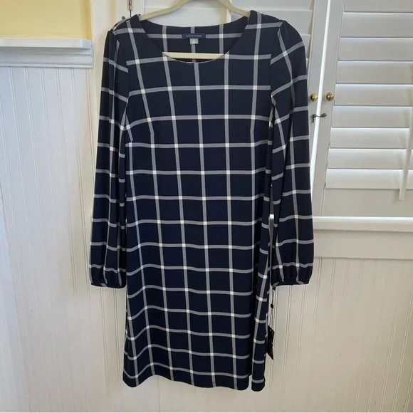 navy and cream shift dress J.CREW Jules Striped Shift Dress 100% Silk Lined Navy Blue & Cream Womens SZ 4